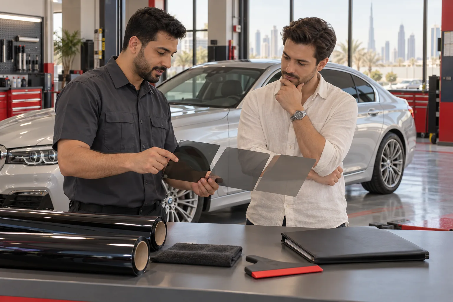 Two people comparing window film samples at a workshop bench beside a silver sedan