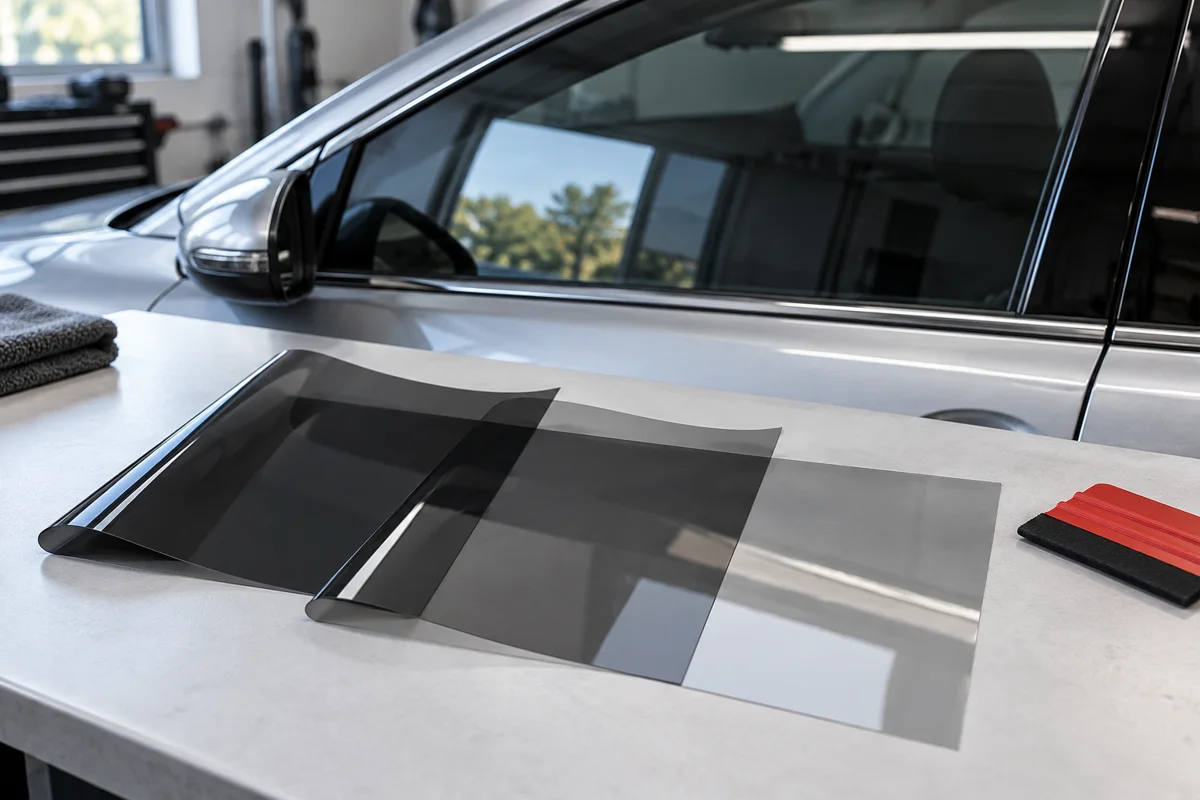 Window film samples in different shades beside a car window