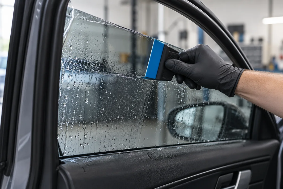 A squeegee smoothing wet window film onto car side glass
