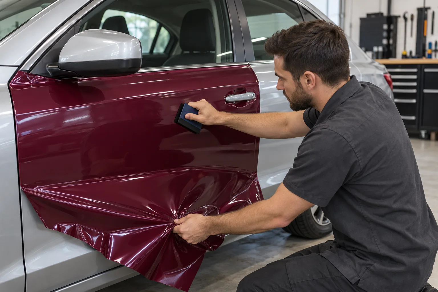 Burgundy vinyl being smoothed onto a car door