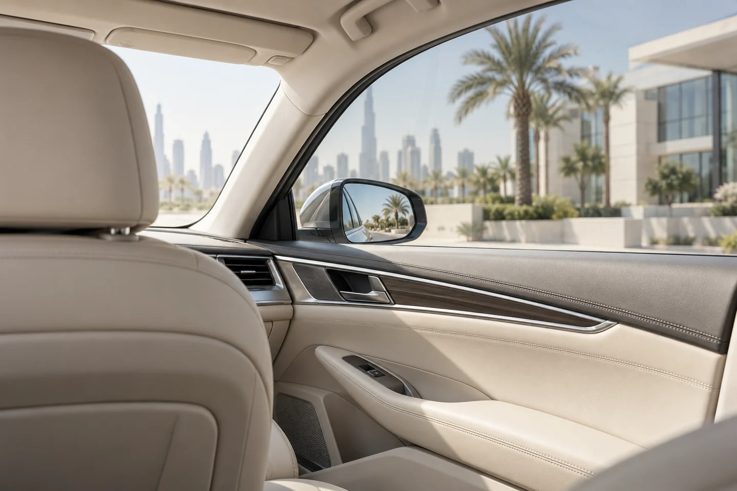 Comfortable car interior with a view of Dubai through the side window