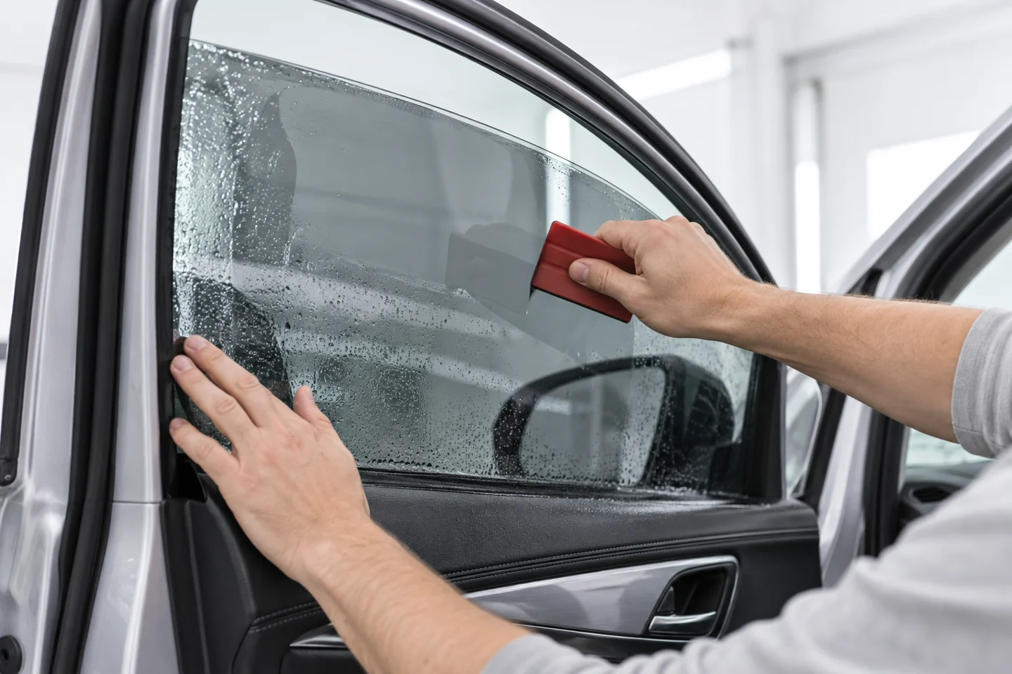 Window film application on a car’s side glass