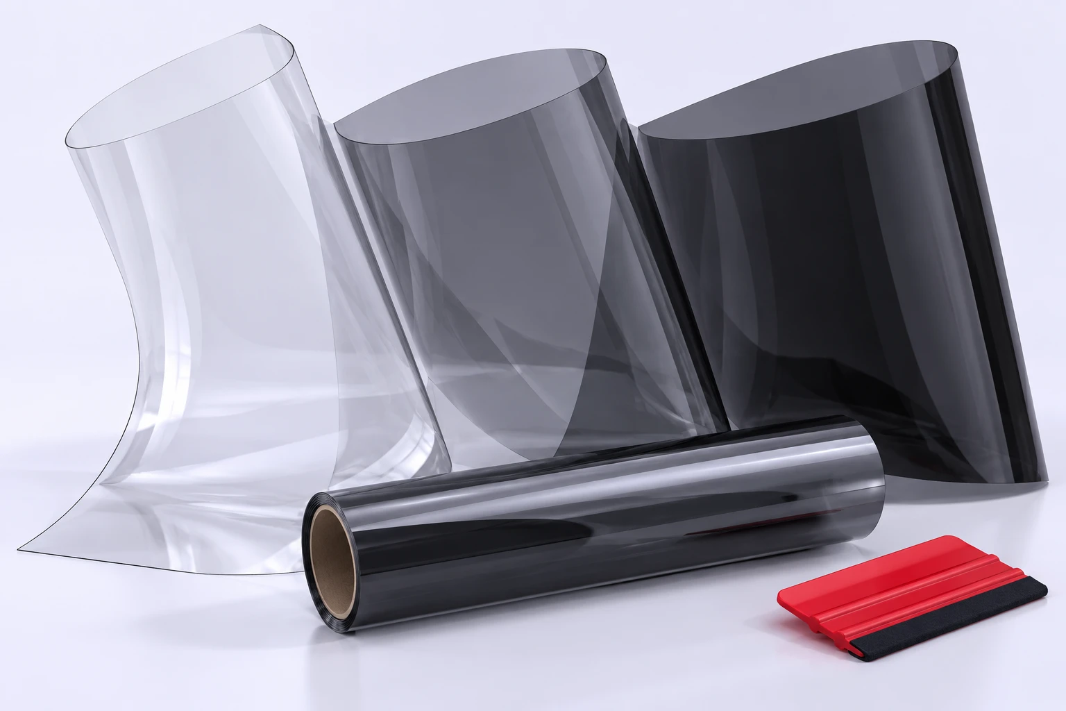 Window film samples in different shades with a red installation tool