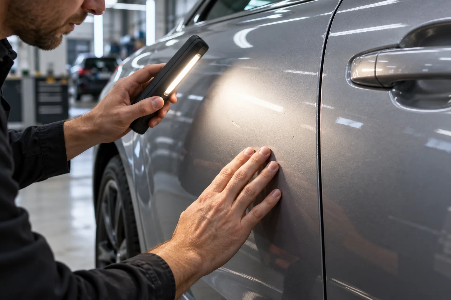 Paint inspection around a car door before wrapping