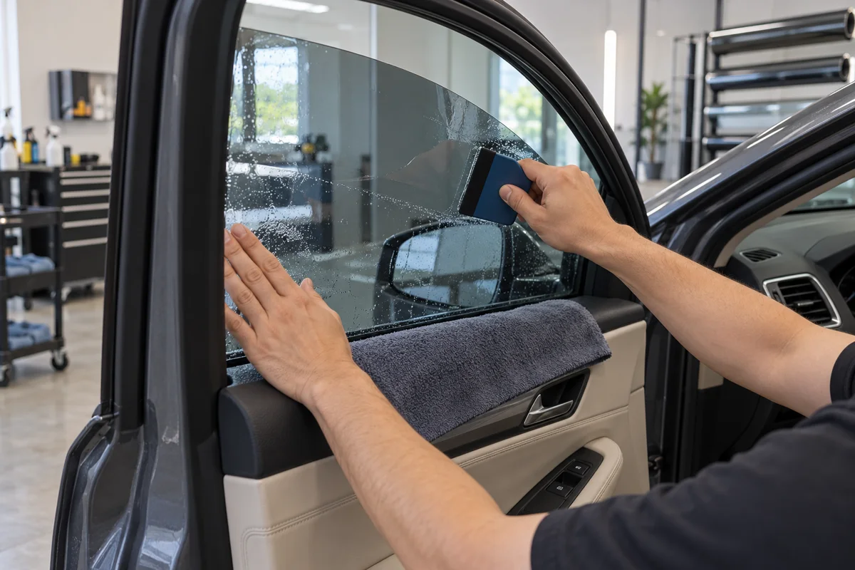 Illustration of a technician smoothing window film onto the inside of a side window
