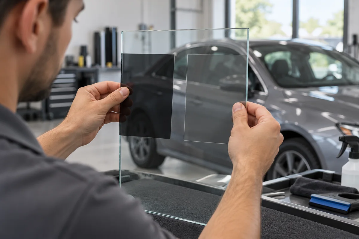 Illustration of two window film samples held against glass