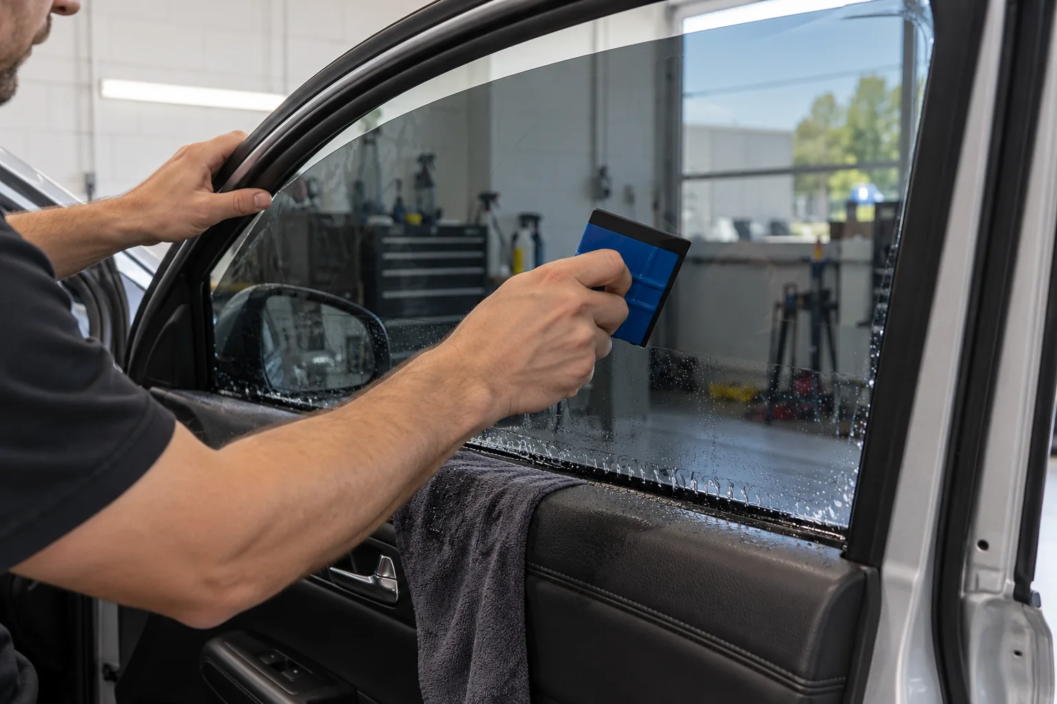 A technician smoothing wet window film against a vehicle side window