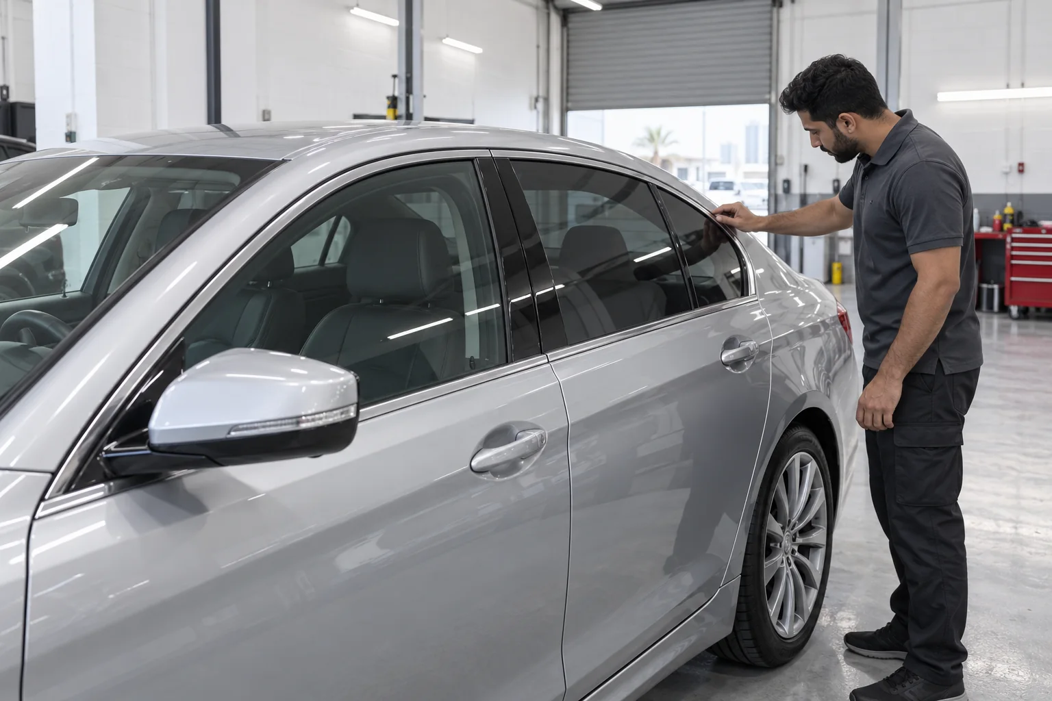 Technician inspecting the side glass of a silver sedan inside a workshop