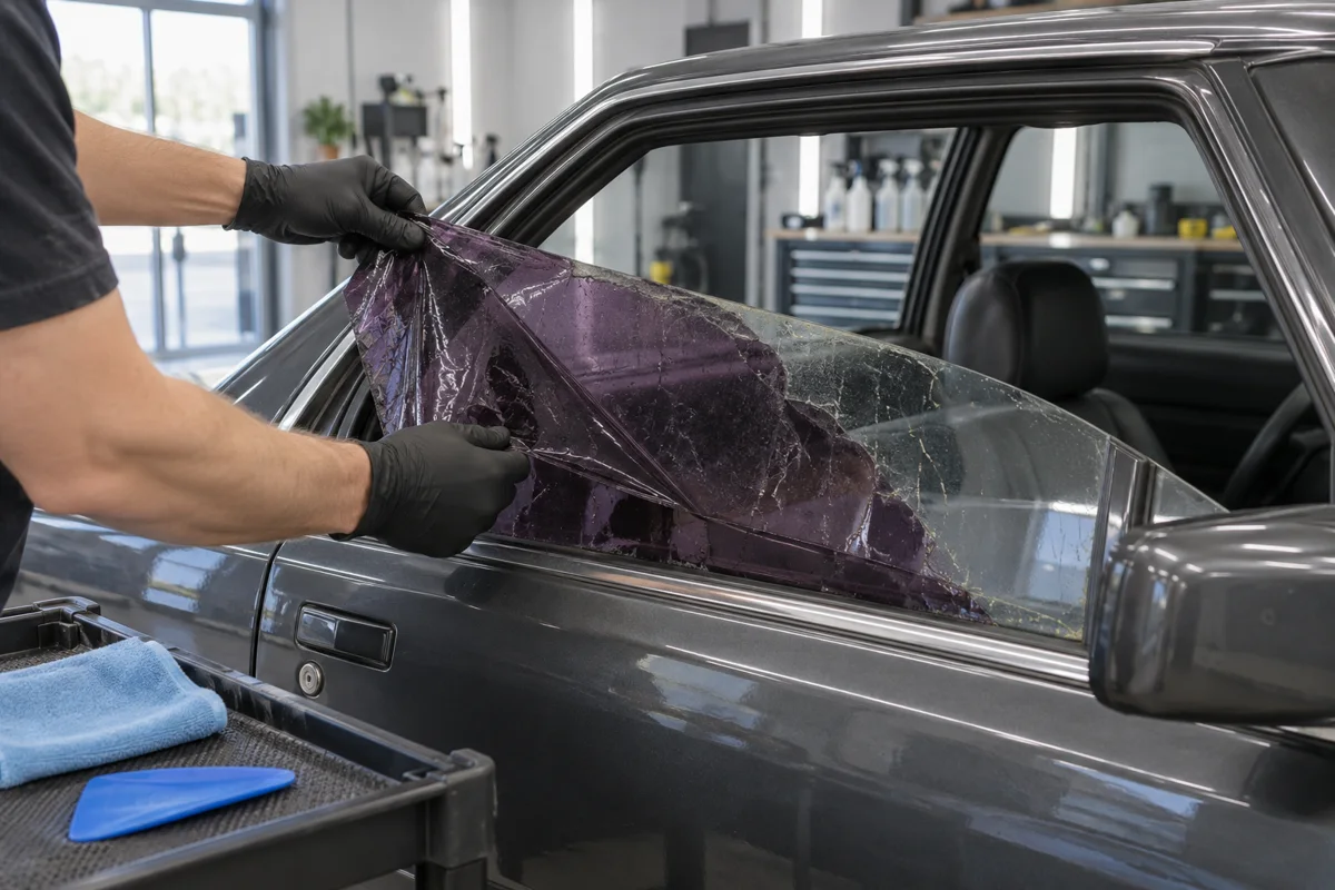 Gloved hands lifting deteriorated purple film from a sedan side window