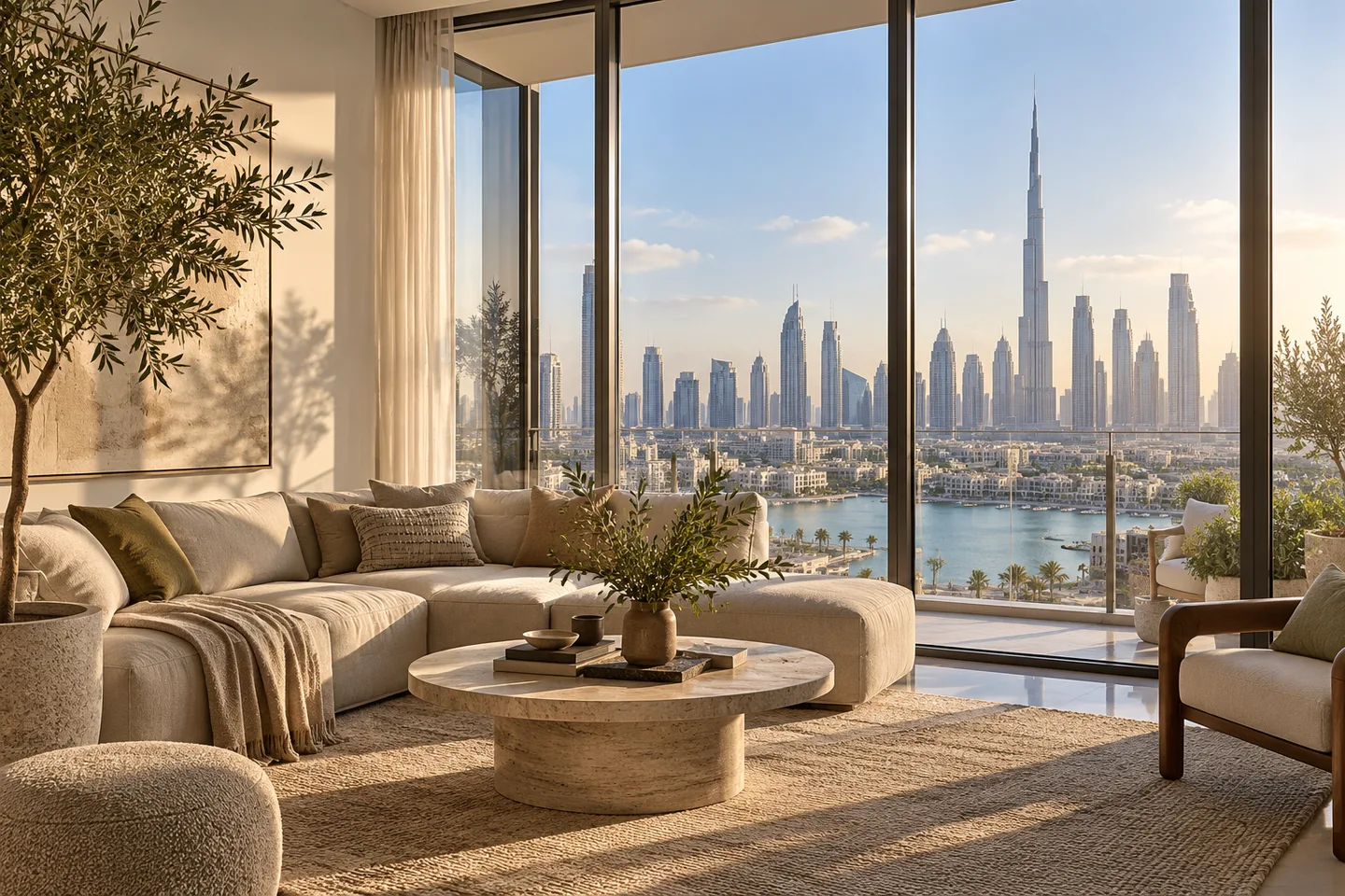 Bright apartment living room with full-height clear windows and an open skyline view