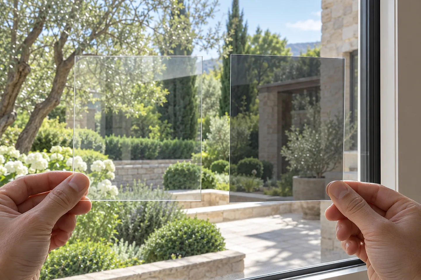 Two transparent solar-control film samples compared against a garden-facing home window