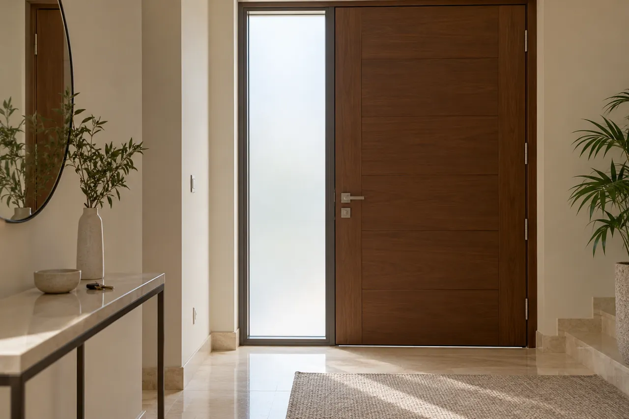 Full-height frosted sidelight beside a wooden entrance door in a home
