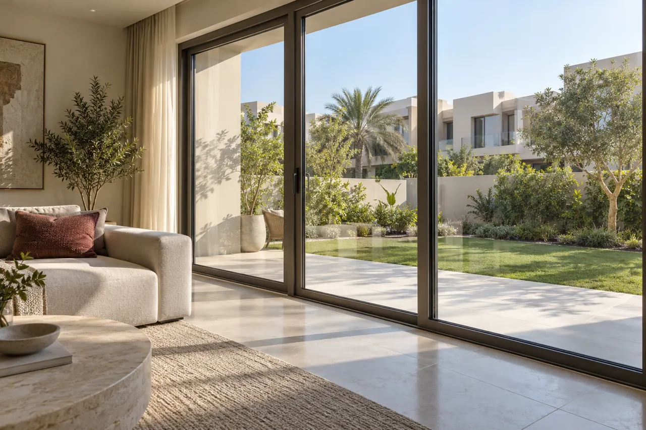 Sunlight entering a Dubai townhouse living room through framed sliding glass doors