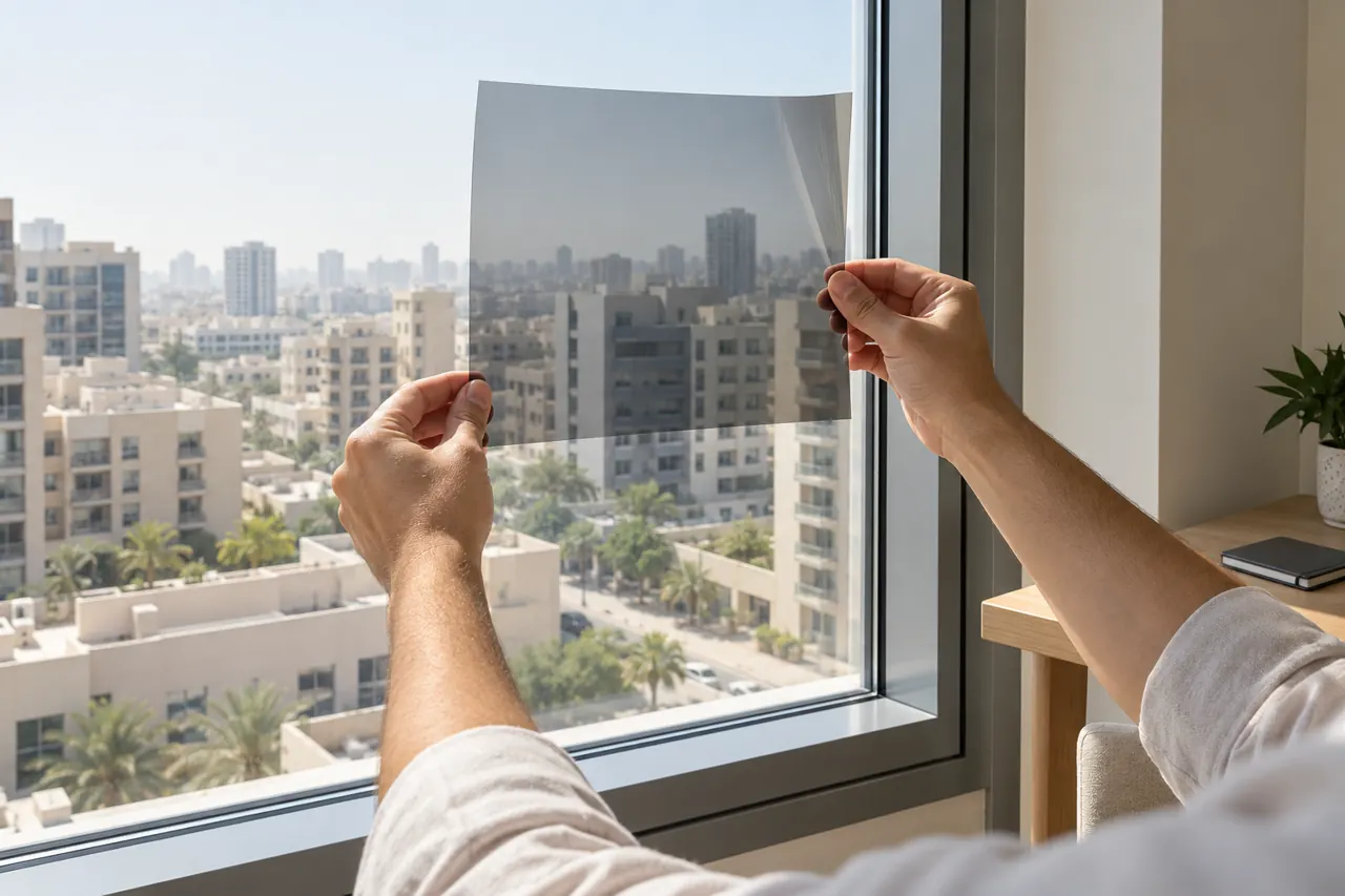 A neutral film sample held against an apartment window to compare daylight and appearance
