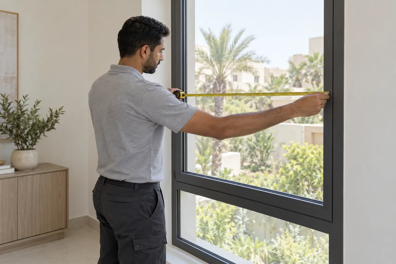 A technician measuring the width of an accessible home window from inside the room