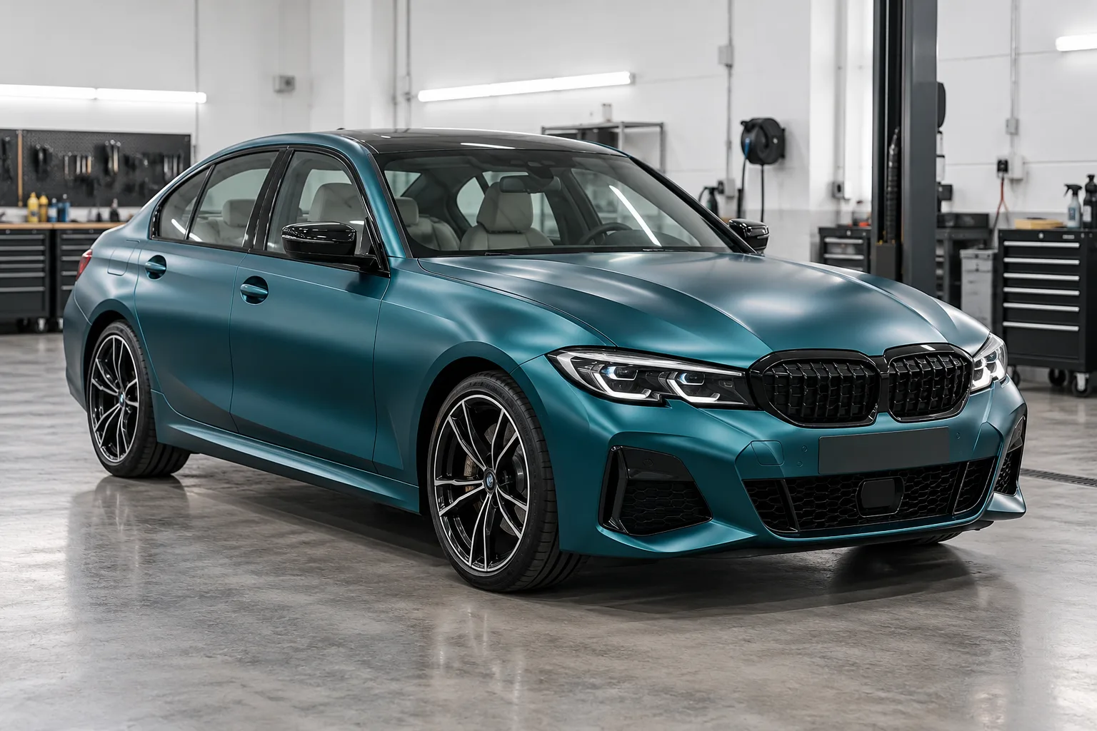 Satin teal colour-change wrap concept on a sedan