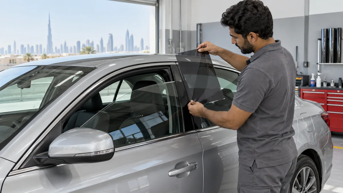 Technician comparing a grey film sample beside a silver sedan side window