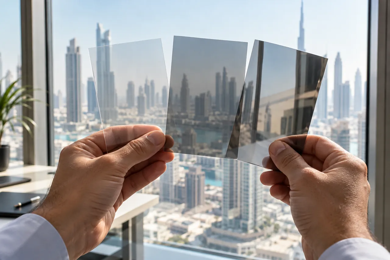 Three neutral and reflective film samples held against office glazing