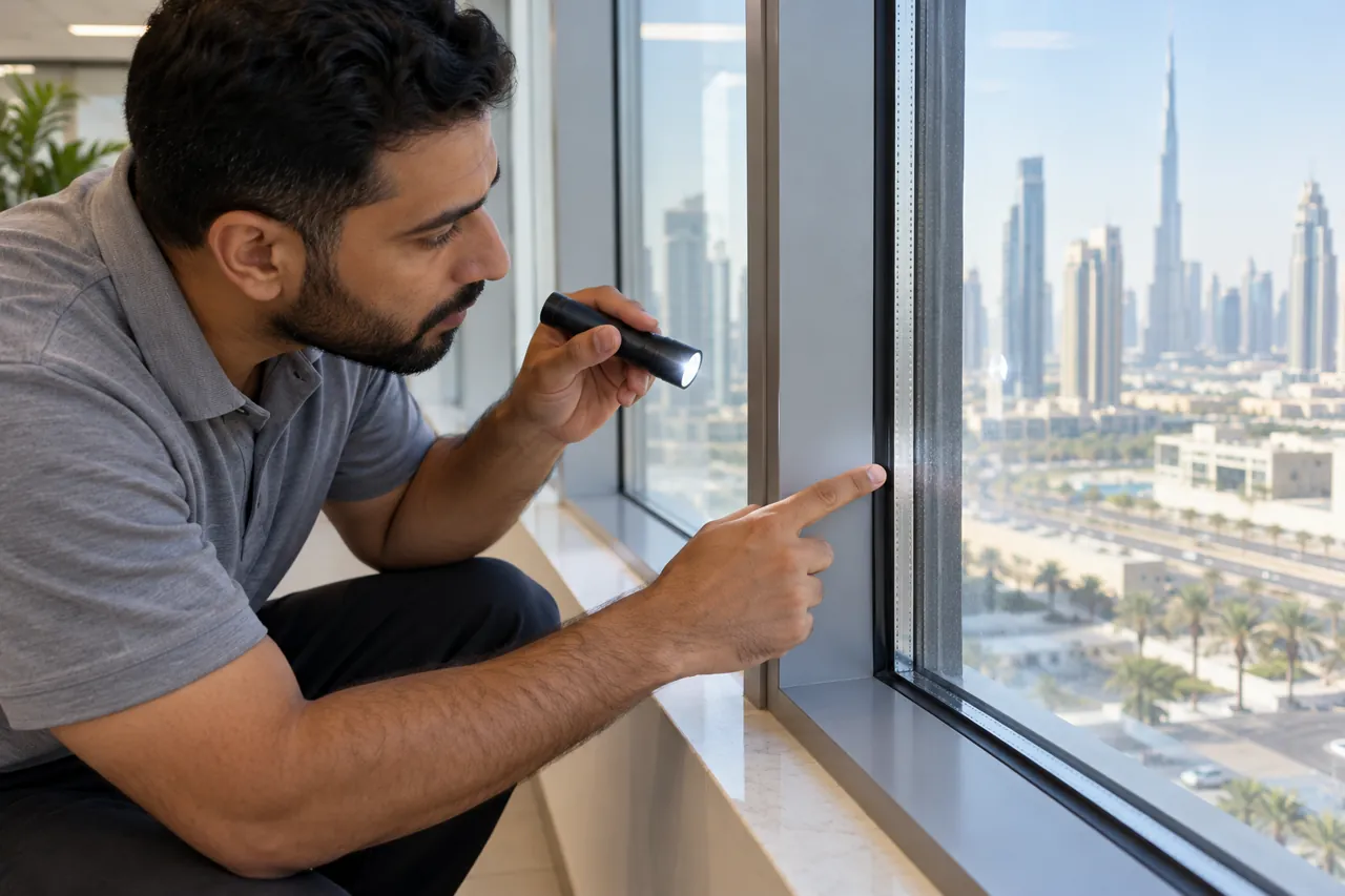 Inspection of an office window frame and glazing edge