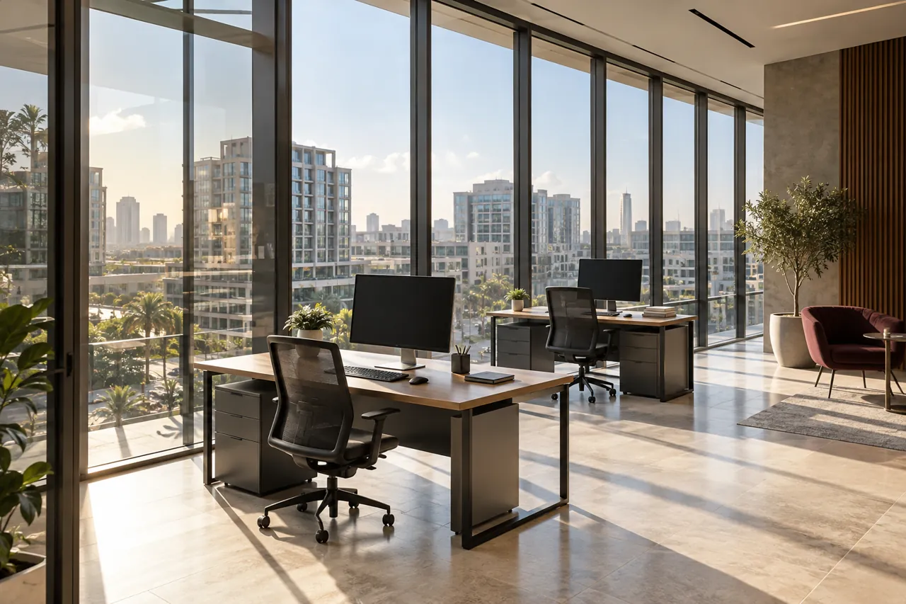 Daylight entering an office through full-height exterior windows