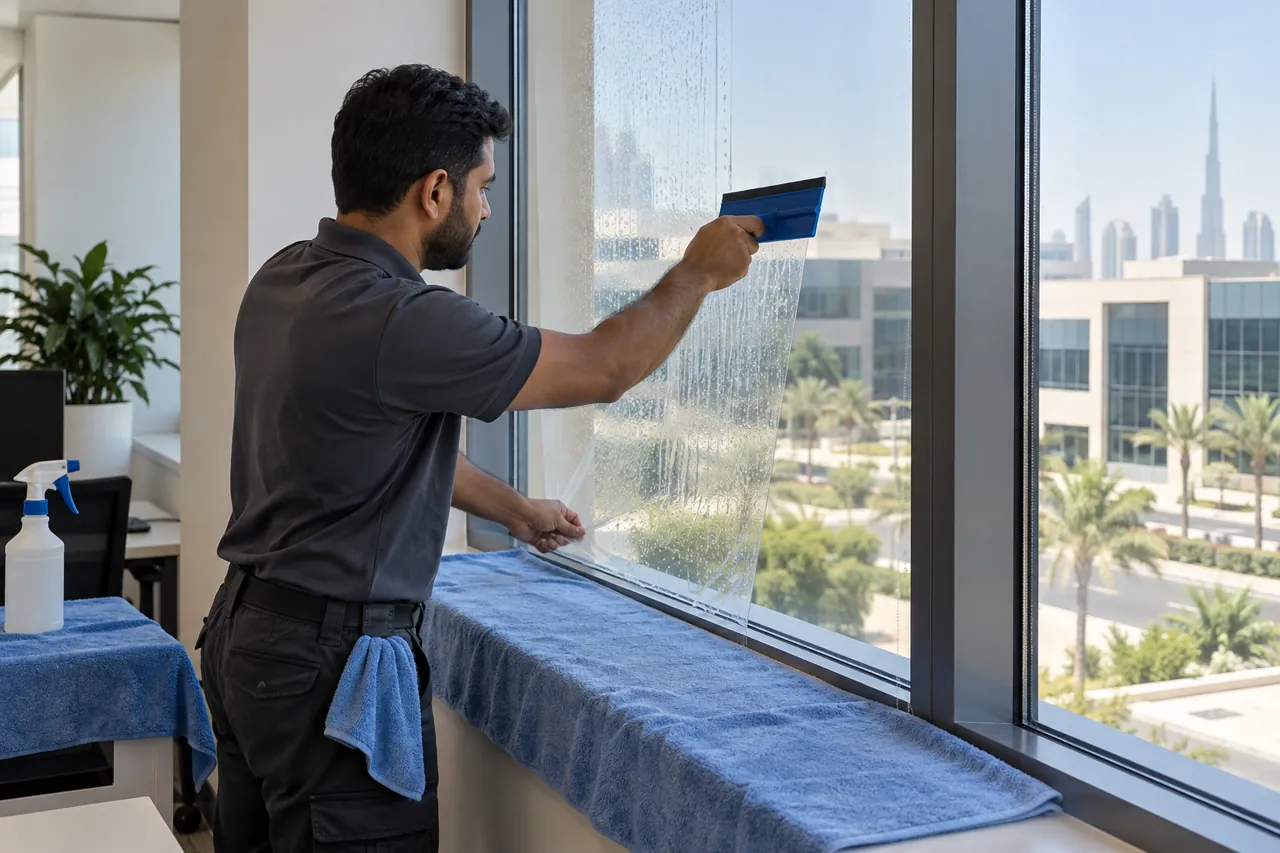 Window film being squeegeed onto an accessible office pane